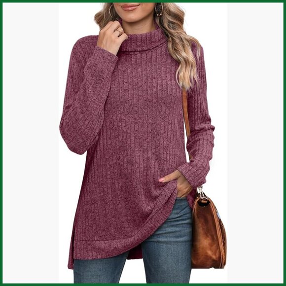 Sweaters - Oversized Turtleneck Tunic Top with Side Split High Low Hemline